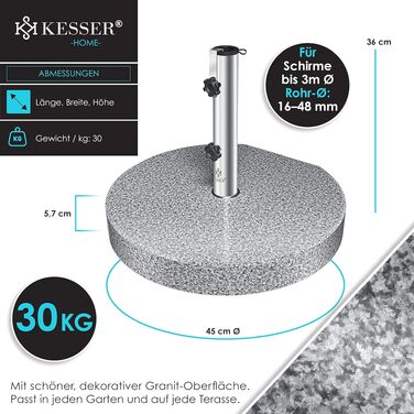 Підставка для парасольки KESSER Granit, сталева, кругла, 30 кг, для труб 16-48 мм, сіра