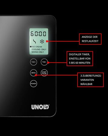 Морозивниця UNOLD 48845 Gusto з компресором, 2 л, 180 Вт, нержавіюча сталь, LCD-дисплей, таймер