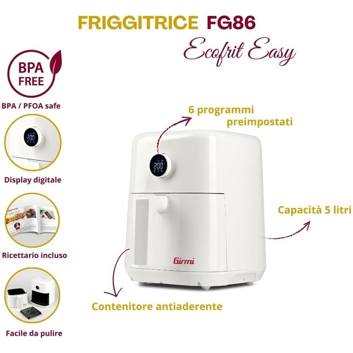 Аерофритюрниця Girmi FG86 Ecofrit Easy на 5 літрів, 1400 Вт, 6 програм, дисплей з поворотним регулятором, таймер, книга рецептів