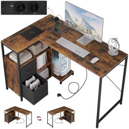 Кутовий письмовий стіл WOLTU з USB-портами (A/C), полицями та розетками, 120x80x75 см, металевий каркас, колір вінтажний коричневий