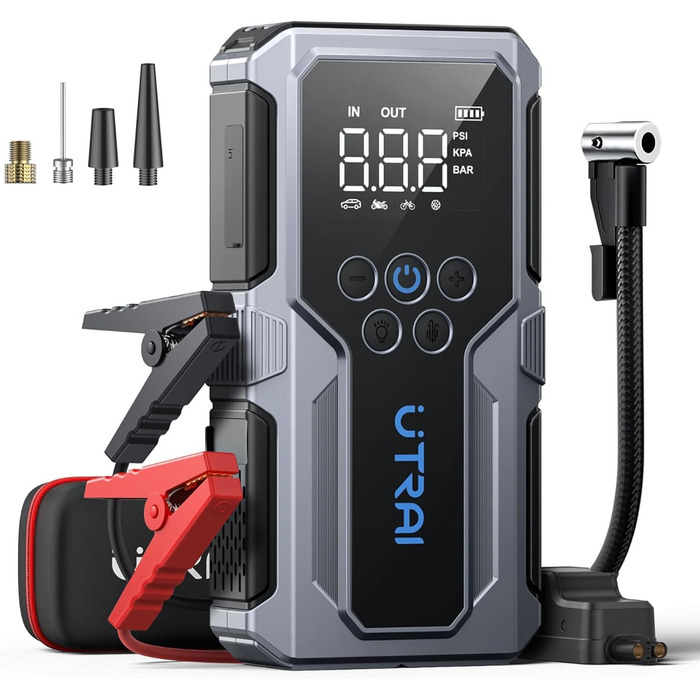 Пусковий пристрій UTRAI Jump Starter 4500A 15000mAh з компресором для авто, бустер для двигунів до 8.5L бензин / 6.5L дизель, швидка зарядка 18W та ліхтариком