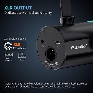 FEELWORLD PM1 Динамічний мікрофон XLR/USB з RGB-підсвічуванням для подкастів, геймінгу та YouTube. Комплект з підставкою та кабелем