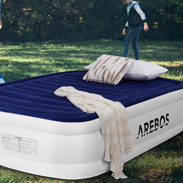 Надувний матрац Arebos 203×152,5×51 см для двох з електричною помпою, синьо-білий, для дому та кемпінгу, з сумкою