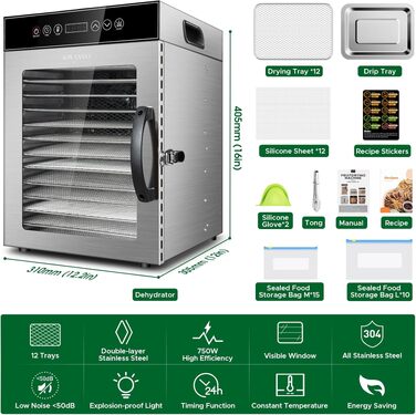 Сушарка для продуктів Kwasyo Edelstahl 750W, 12 ярусів, професійна, з таймером, регулюванням температури та захистом від перегріву + книга рецептів