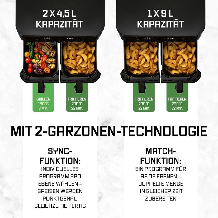 GOURMETmaxx Фрай-Ап Вертикальна Подвійна Камера Гарячого Повітря Фритюрниця | Вертикальний Airfryer | Складне Сенсорне Дисплей | 32% Економія Місця | Об'єм 10Л | Фритюрниця Гарячого Повітря 2 Камери (Чорний, 9 Літрів (2x 4,5Л))