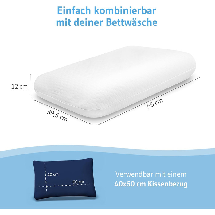 Ортопедична подушка Elora з Memory Foam, 40x60x12 см, для сну на боці та на спині, 100% органічна бавовна