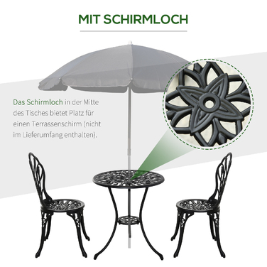 Водонепроникний бістро-набір для 2 осіб: стіл та 2 стільці з отвором для парасольки, алюміній, чорний