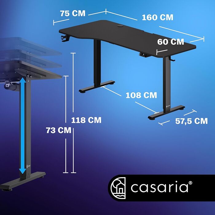 Електричний стіл Casaria 160x75 см, регульований, з тримачем для навушників і чашки, для офісу, геймінгу, комп'ютера, чорний, карбонова поверхня