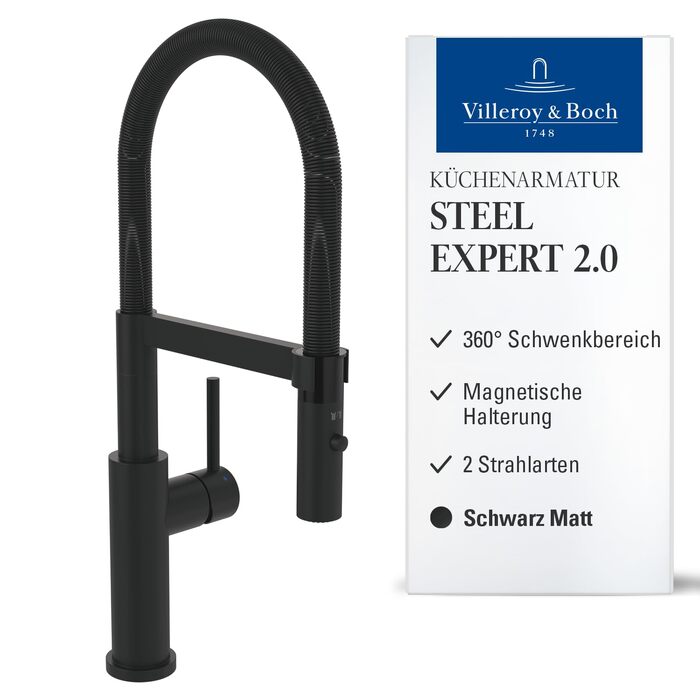 Змішувач кухонний Villeroy & Boch Steel Expert Compact, чорний матовий, з висувним гусаком та перемикачем, висота 170мм