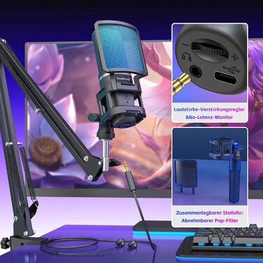 USB мікрофон Zealsound з підставкою та RGB підсвічуванням для iPhone, ПК, Mac, смартфонів і PS5, з функцією вимкнення звуку, штативом, бум-стійкою (2 тримачі та 2 адаптери), для ігор, подкастів, стрімінгу Twitch, YouTube, TikTok на Windows та Android