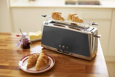Тостер Russell Hobbs Luna Edelstahl Grau для 2-х скибочок хліба (широкі слоти) з підставкою для булочок, 6 режимів підсмажування, розморожування та підігрів - 23251-56