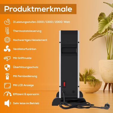 Електричний конвектор Tronitechnik з термостатом, 3 режими нагріву (1000/1300/2300 Вт), таймером, ручкою для перенесення, енергоощадний обігрівач