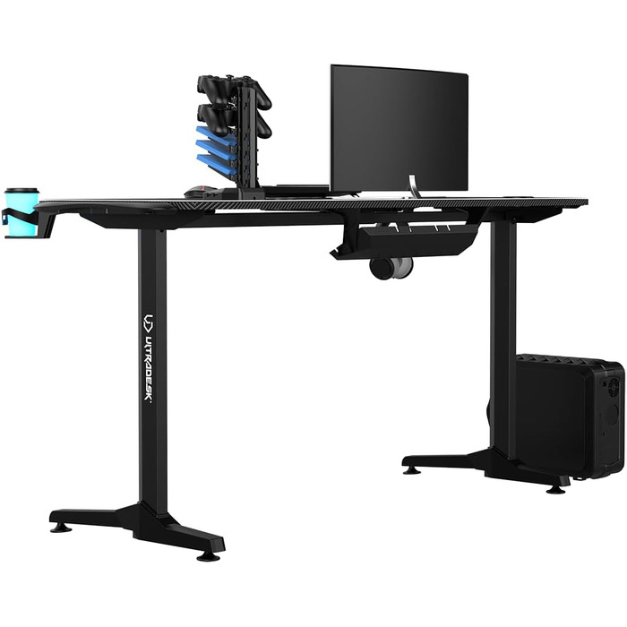 Ігровий стіл ULTRADESK FRAG V3 150x60 см, LED RGB підсвітка, сталева конструкція, для 2 моніторів, чорний, з аксесуарами