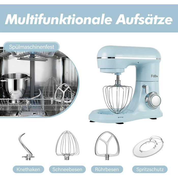 Кухонна машина Kitchen in the box Fab-Serie, потужний планетарний міксер 1300 Вт, 10 швидкостей, з набором насадок (гак, вінчик, міксер) для щоденного використання