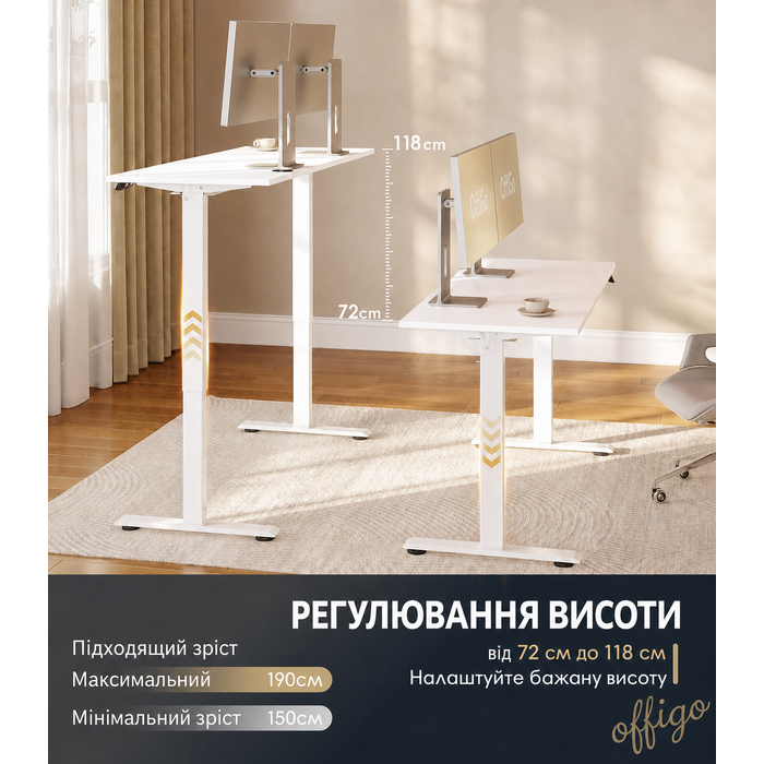 Офісний електричний стіл OffiGo 140 см з регулюванням висоти, ергономічний комп'ютерний стіл з пам'яттю, геймерський стіл для дому, білий