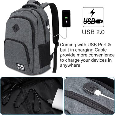 Рюкзак для ноутбука 17,3'' YAMTION з USB, темно-сірий, для студентів, чоловіків і жінок, університету, роботи, школи, подорожей