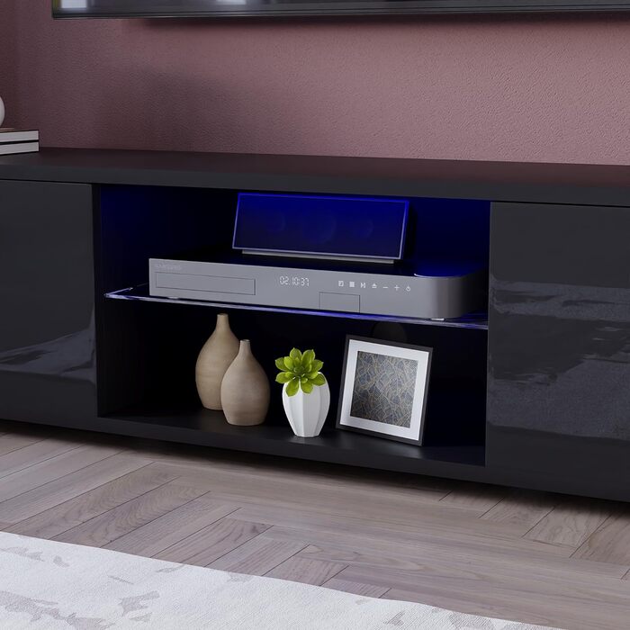 Тумба під телевізор Vida Designs Cosmo з LED-підсвіткою, 2 двері, сучасна, глянцева і матова, MDF, чорна, 160 см, медіа-стійка для вітальні, меблі з RGB освітленням