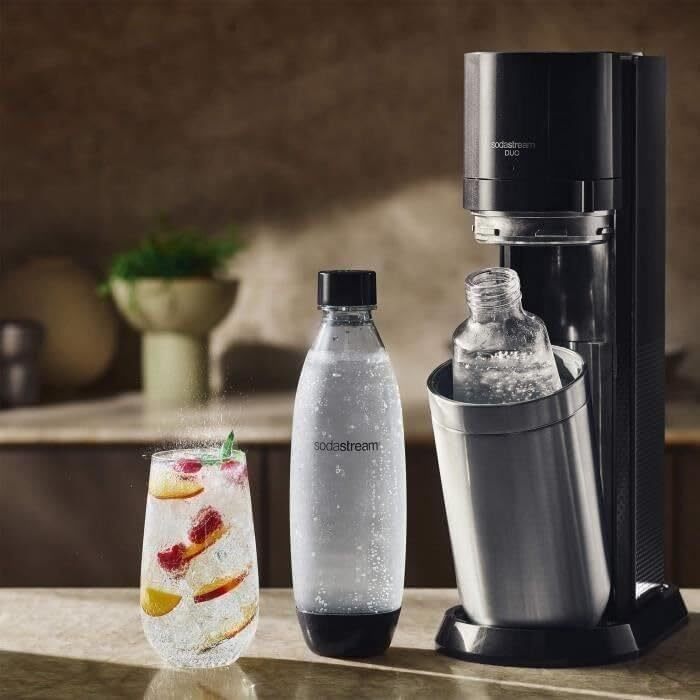 Сифон для газування води SodaStream Duo, з пластиковою пляшкою 1 л (BPA-free), скляним графином 1 л та циліндром CO2 на 60 л (швидке підключення), чорний