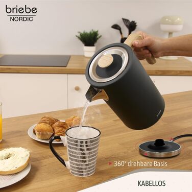 Тостер Briebe Nordic Set 2-слотовий з широкими прорізами, підставка для булочок, 6 режимів + Електричний чайник 1.7л 2200Вт, швидке нагрівання, без BPA, набір для сніданку, чорний