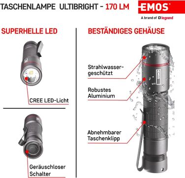 Ліхтарик EMOS Ultibright 60, CREE LED, металевий, ударостійкий і водонепроникний IP65, 170 лм, до 100 м, з кліпсою та ручкою, чорний, для дому та вулиці