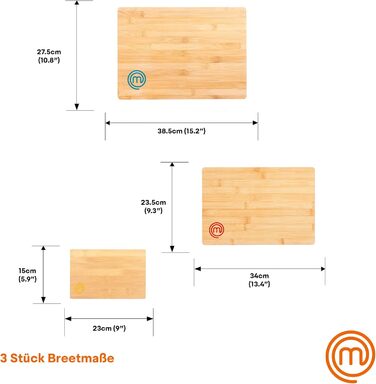 Набір обробних дощок MasterChef з бамбука, 3 штуки, кольорове маркування, 38×27,5 см, 34×23,5 см, 23×15 см, для кухні, підходять для миття в посудомийній машині