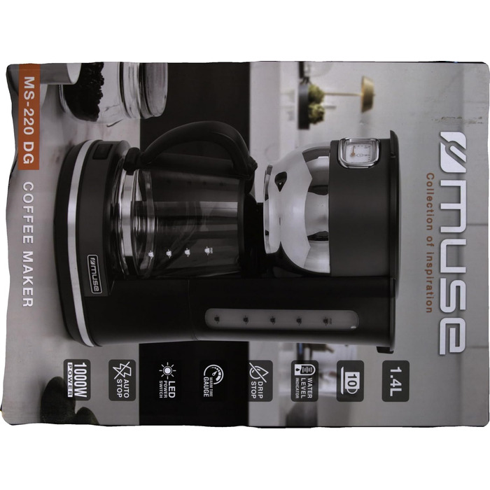 Кавоварка MUSE MS-220 DG з глечиком, 10 чашок, з функцією підігріву, скляна каністра, нержавіюча сталь, сіра