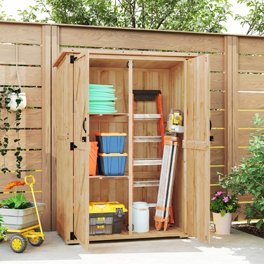 Outsunny Garden Шафа з дерева, Садовий сарай з подвійними дверима з асфальтовим дахом, що замикається, 116,5x57x167см, Атмосферостійка садова шафа, Садовий сарай Садовий сарай для саду, тераси, натуральне дерево