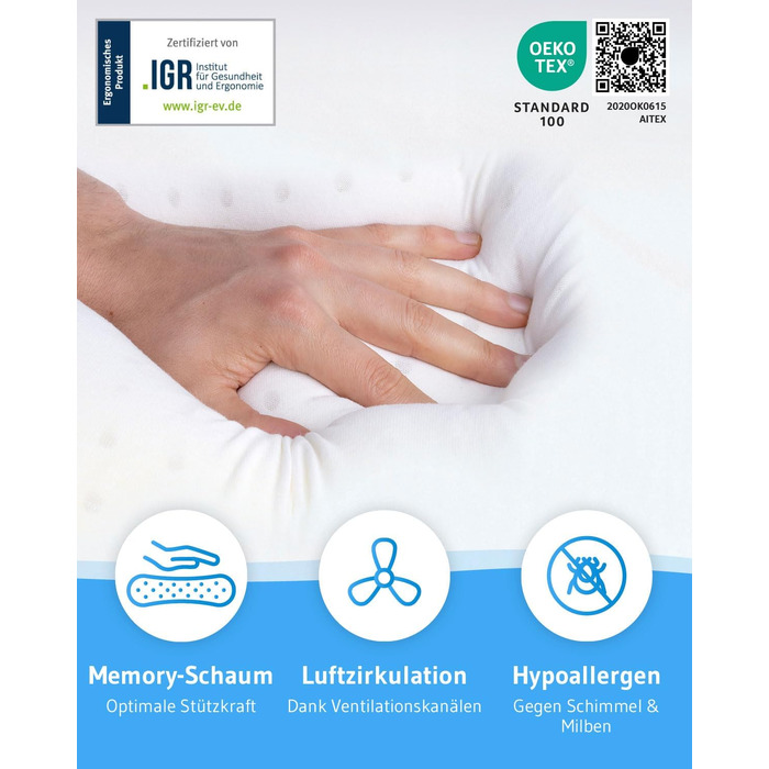 Подушка для шиї MATAR Quickdry: ортопедична піна Memory Foam, швидковисихаючий чохол, для сну на боку та спині, антрацит