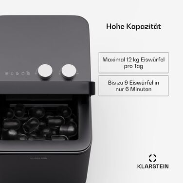 Льодогенератор Klarstein IceCraft 12 кг/24 год, швидке виробництво льоду (6 хв), 2 розміри, автоочищення, для кухні та бару, 150 Вт, чорний