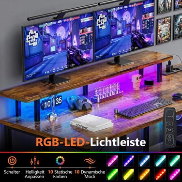 Кутовий письмовий стіл YOUDENOVA L-подібний з LED-підсвіткою, 4 шухлядами та розеткою, ігровий комп'ютерний стіл з полицею для монітора, вінтажний коричневий, 142x107 см