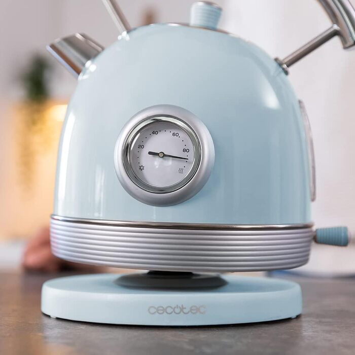 Електрочайник Cecotec ThermoSense 420, 1,8 л, 2200 Вт, з температурним індикатором, нержавіюча сталь, 360° база, вінтажний стиль, блакитний