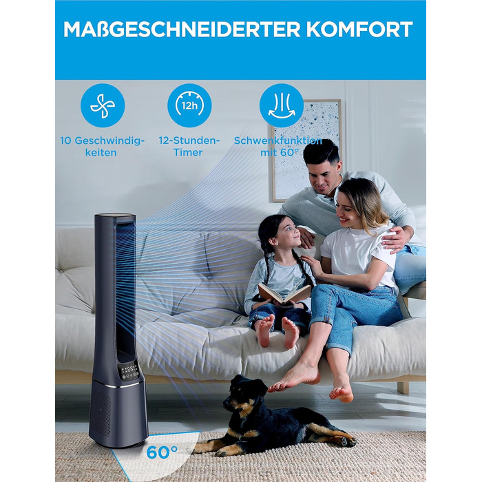 Midea MFP-120i (BL) Тихий турмовентилятор 2-в-1 з очищувачем повітря HEPA H13, LED-дисплей, дистанційне керування, осциляція, таймер 12 годин, Wi-Fi, сумісний з Alexa/Google, для приміщень до 47,6 м²