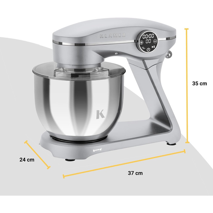 Кухонний комбайн KLAMER 1800W — планетарний міксер для тіста з чашею з нержавіючої сталі 6л, 10 швидкостей, таймером та набором насадок (гак, вінчик, міксер), сріблястий