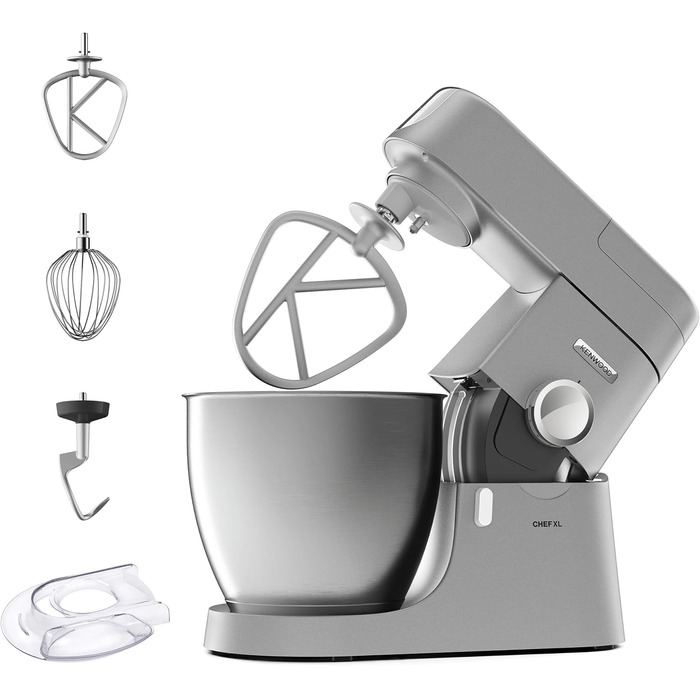 Кухонний комбайн Kenwood Chef XL KVL4100S з великою чашею 6.7 л з нержавіючої сталі, 1200 Вт, набір для випічки, срібний