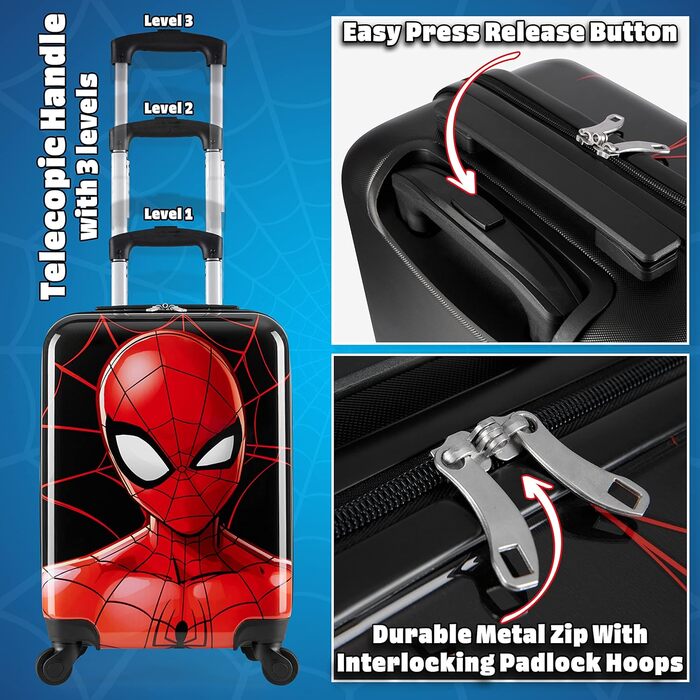 Дитячий дорожній чемодан Marvel Spiderman на 4 колесах, 49×33×22 см, з висувною ручкою та відділенням на блискавці, для хлопчиків і дівчаток