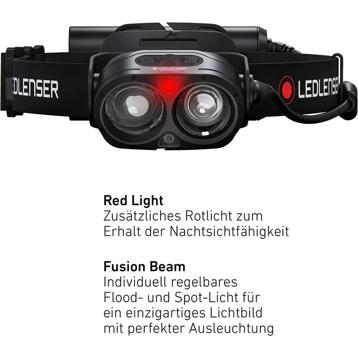 Налобний ліхтар Ledlenser H19R Core, 3500 люмен, акумуляторний, LED, з червоним світлом, водонепроникний IP67, дальність 300 м, USB-зарядка, Fusion Light