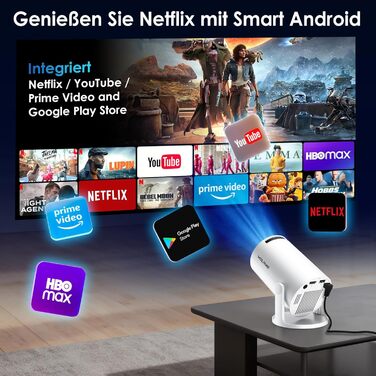 Портативний міні-проектор WOLFANG 1080P з WiFi 6, Bluetooth 5.4 та вбудованими додатками, автокоррекція трапецієподібних викривлень, підставка 180°, для дому та кінотеатру