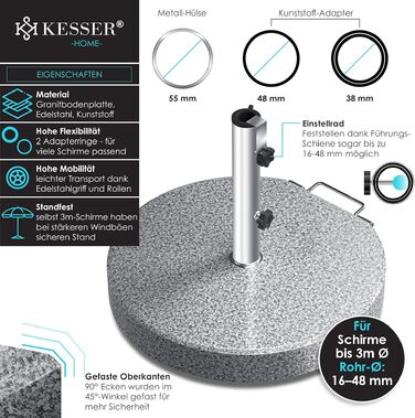Підставка для парасольки KESSER Granit, сталева, кругла, 30 кг, для труб 16-48 мм, сіра