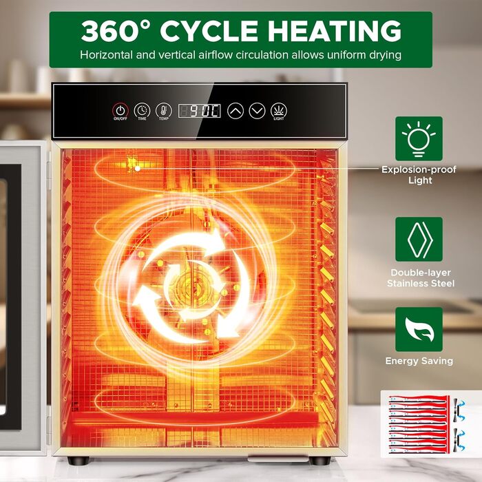 Сушарка для продуктів Kwasyo Edelstahl 750W, 12 ярусів, професійна, з таймером, регулюванням температури та захистом від перегріву + книга рецептів