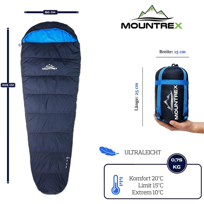 Спальний мішок MOUNTREX ультралегкий 760г, компактний, літній, для кемпінгу, подорожей, фестивалів, мумія, теплий, темно-синій, з'єднуваний, ліва блискавка