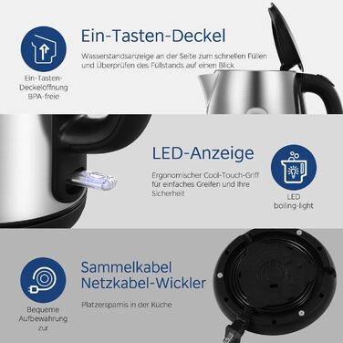 Електрочайник Midea MK-17S30A2 з нержавіючої сталі, 1.7 л, BPA-free, 2200 Вт, швидке кип’ятіння, ізольована ручка, індикатор рівня води, LED-підсвітка, захист від перегріву