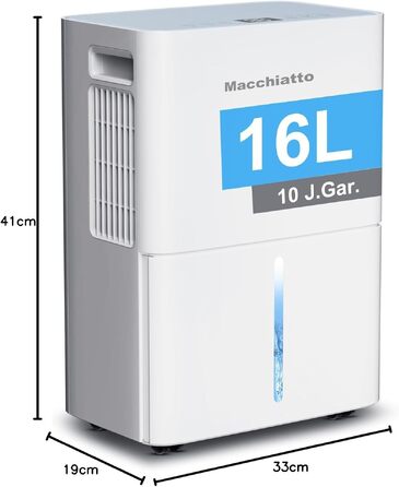 Повітряний осушувач Macchiatto Elektrischer Kompakt 16л для приміщень до 80м³ (32м²) з автоматичним режимом та колесами