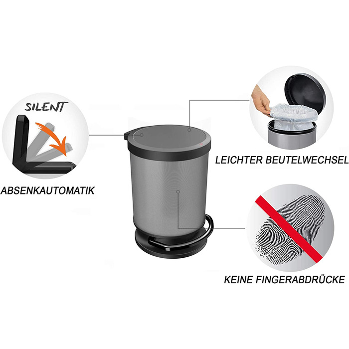 Смітник Rotho Paso 20 л з педаллю та кришкою, пластик, BPA-free, карбон металік