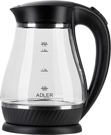 Електрочайник Adler чорний скляний 1,7 л, 2200 Вт, нержавіюча сталь