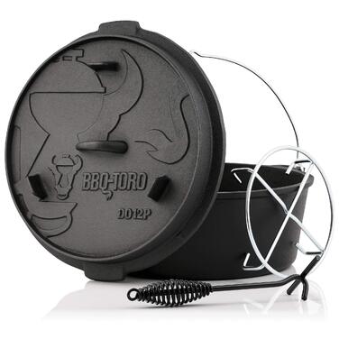 Чавунний казан BBQ-Toro Dutch Oven Premium Serie з кришкою та знімачем, попередньо загартований, 13,6 л (DO12P)