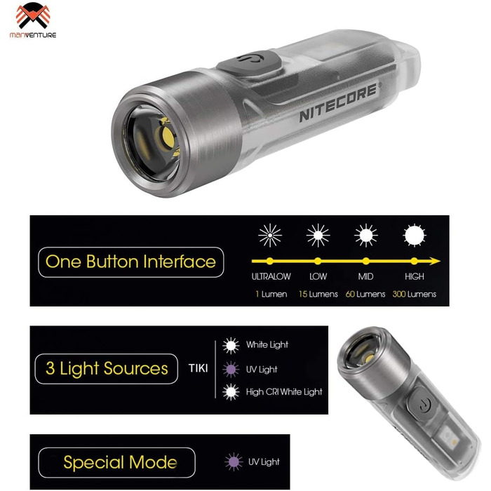 Міні-ліхтарик Nitecore TIKI, надяскравий, 300 лм, UV світло, перезаряджуваний, брелок-ліхтарик