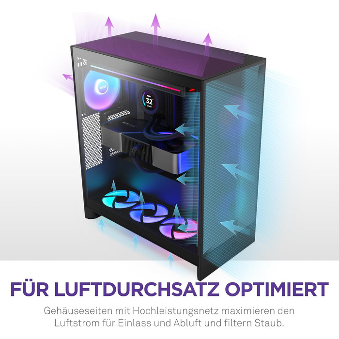 Корпус NZXT H7 Flow RGB для ПК, Mid-Tower ATX, з RGB-вентиляторами, підтримкою підлогових вентиляторів для прямого охолодження відеокарти, 360 мм, чорний