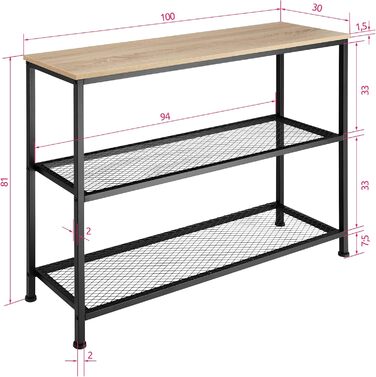 Консольний стіл tectake з скляною поверхнею, 100x41x80,5 см, 2 полиці, індустріальний стиль, дерево та чорний метал, для вітальні та коридору