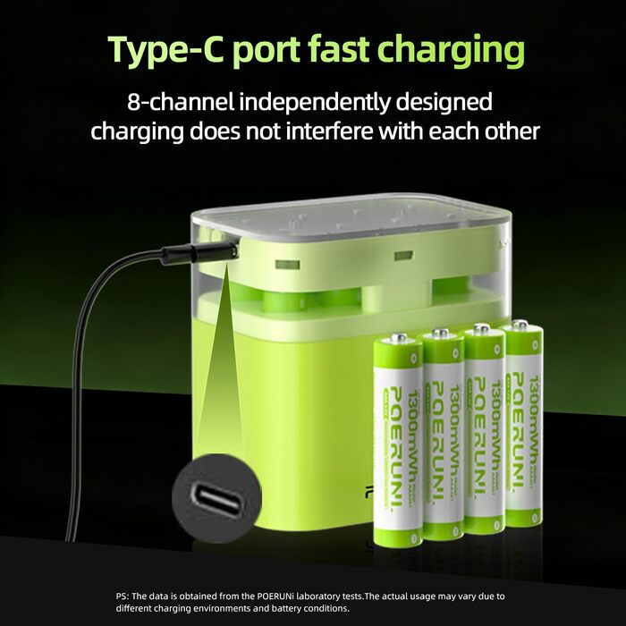 Набір акумуляторів POERUNI AAA 1.5V (8 шт) з USB-C зарядним пристроєм, перезарядні батарейки з швидкою зарядкою, зелені