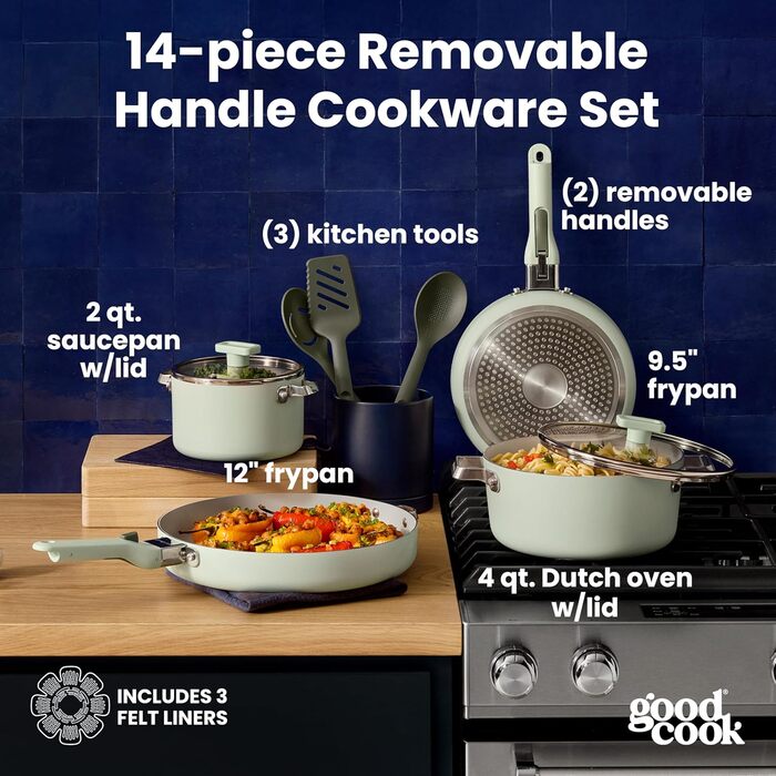 Набір посуду GoodCook Keramik 14 предметів з антипригарним покриттям, знімні ручки, для індукції та духовки, зелений шавлія